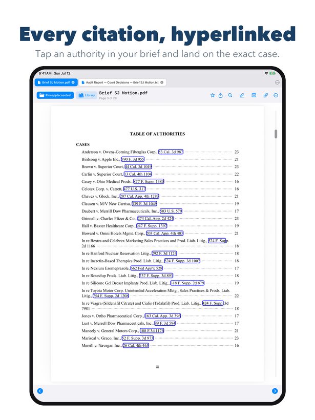 Table of Authorities with every citation hyperlinked