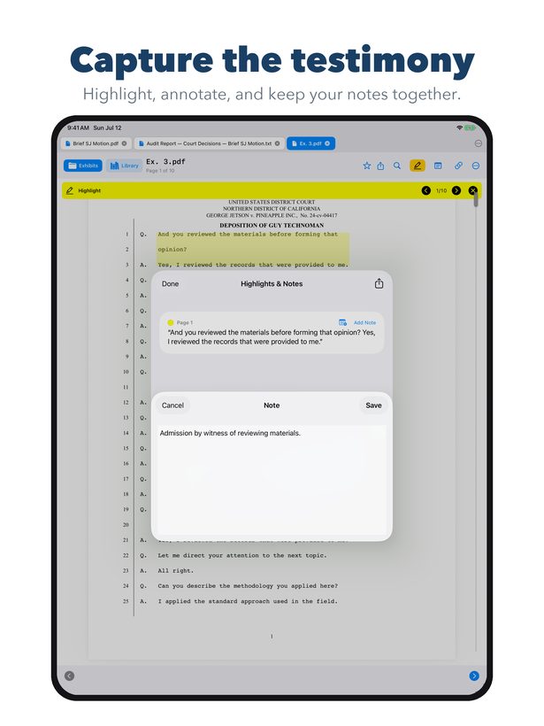 Highlighting testimony and adding notes