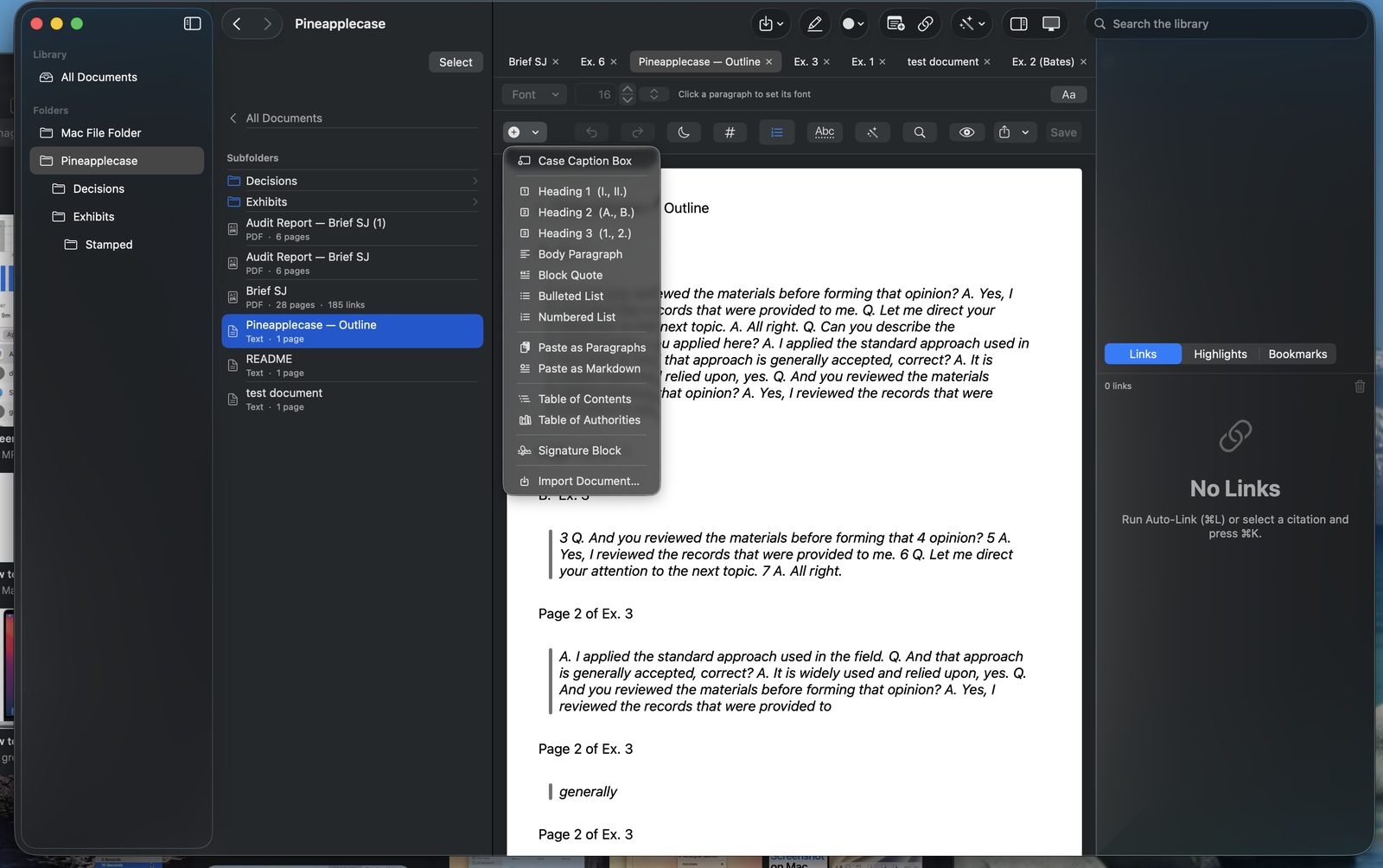The document editor's Insert menu showing case caption, headings, tables of contents and authorities, and signature block