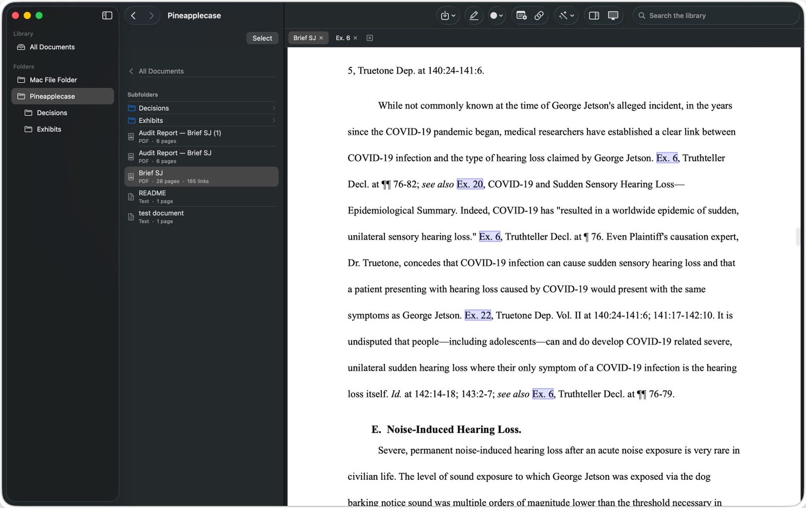Case Linker for Mac showing a brief whose exhibit citations are live links to the exhibits