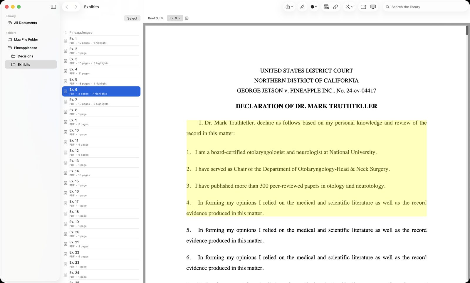 Highlighted testimony in an exhibit, opened in a tab alongside the rest of the case file