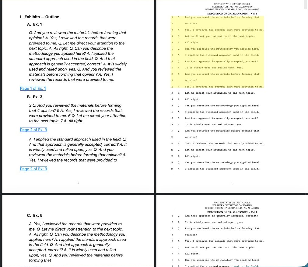 A generated outline of quotes with links, beside the highlighted deposition page it came from