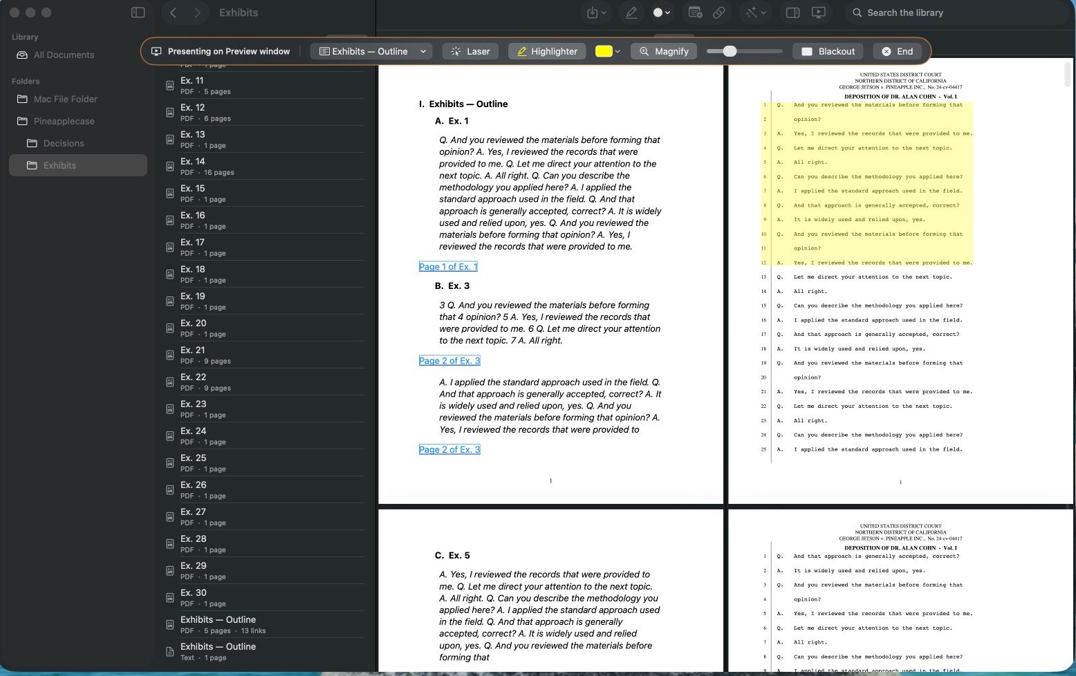Presenter Mode running from a linked outline, with laser, highlighter, magnifier, and blackout controls