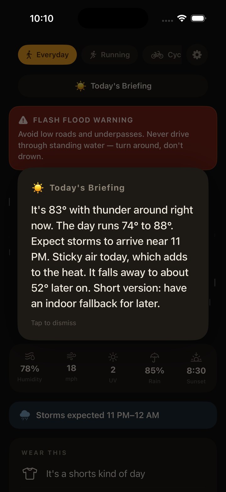 CloudBrew's daily briefing: 83 degrees with thunder around, storms arriving near 11 PM, and a suggestion to have an indoor fallback.