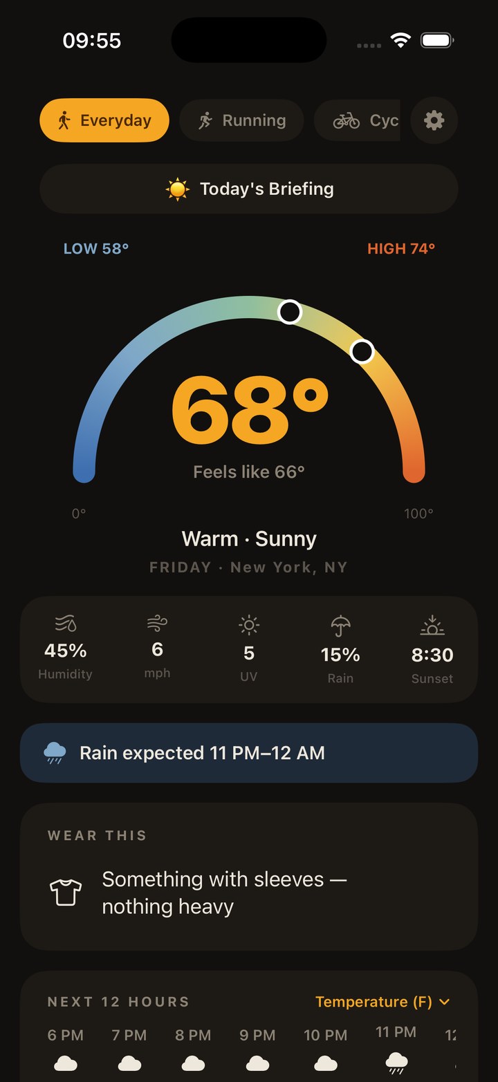 CloudBrew showing 68 degrees, feels like 66, with advice to wear something with sleeves and rain expected between 11 PM and midnight.
