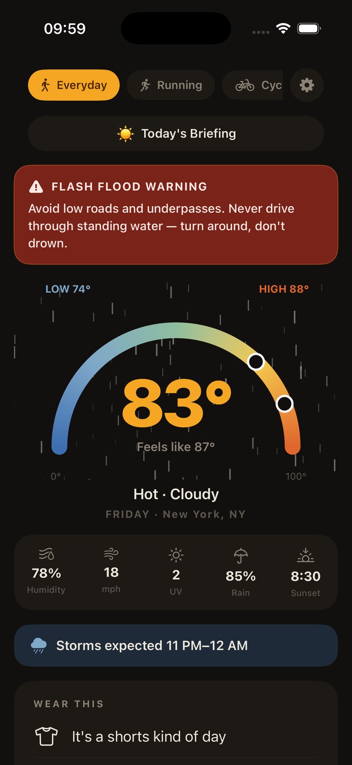 A flash flood warning in CloudBrew, with guidance to avoid low roads and never drive through standing water.