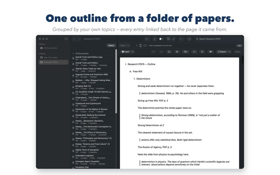 An outline grouped by topic, every entry linked to its source page