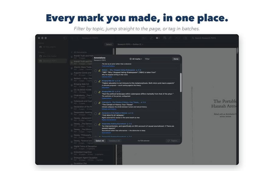 Every highlight and bookmark listed with its note and topic