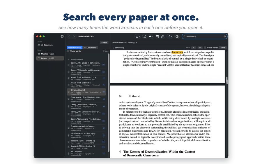 Folder search listing each document with its hit count