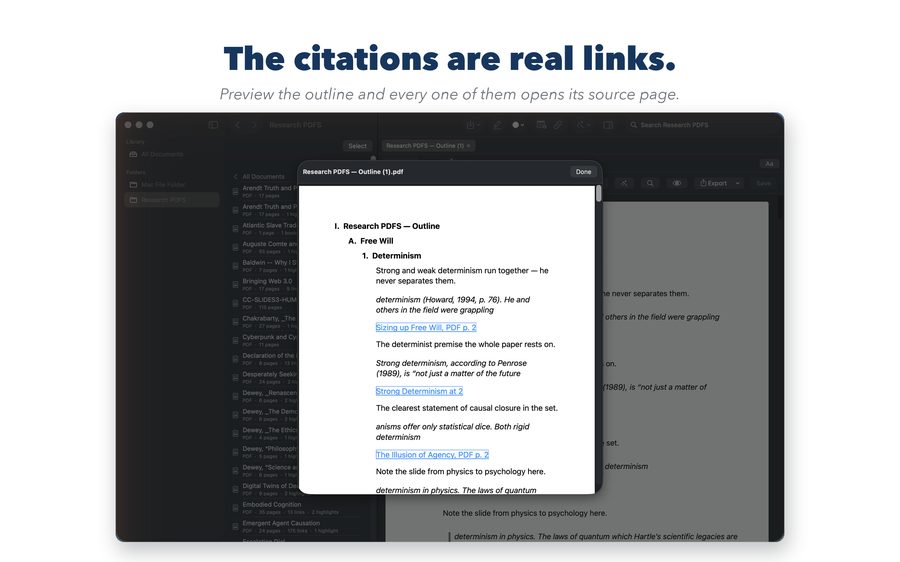 The outline previewed with every citation as a live link